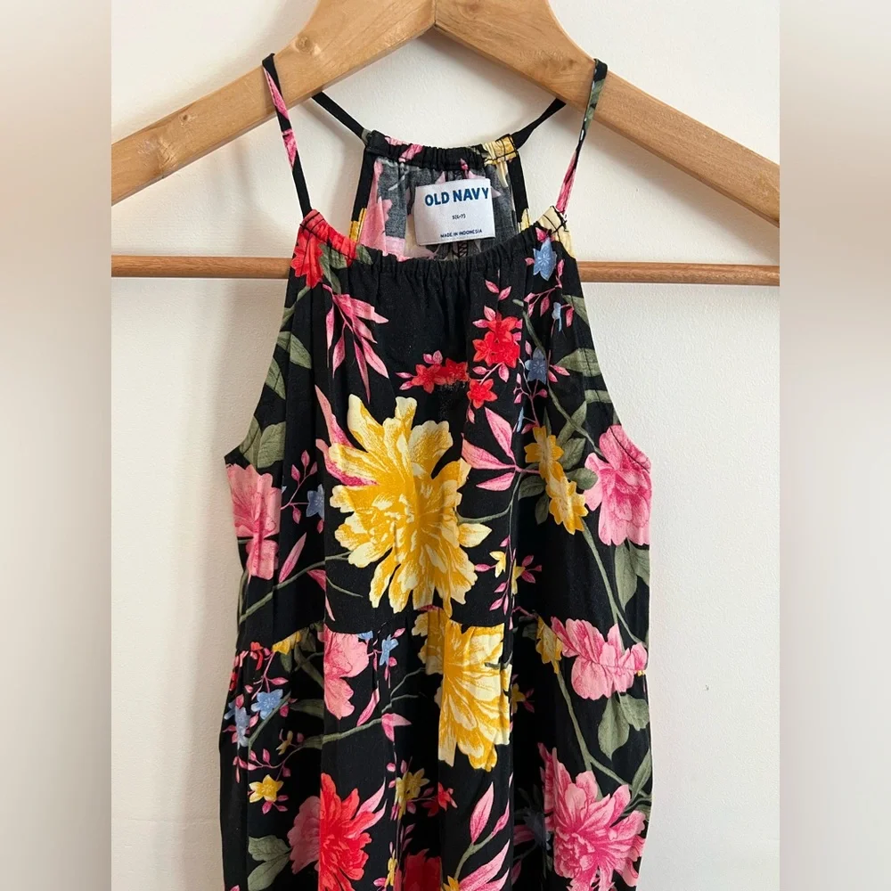 Old Navy Girls Floral Midi Dress | Size S (6–7) | Black Pink Yellow Sleeveless